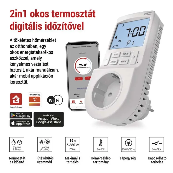 EMOS GoSmart 2 az 1-ben konnektoros, digitális termosztát időzítő funkcióval, schuko, WiFi P56601SH