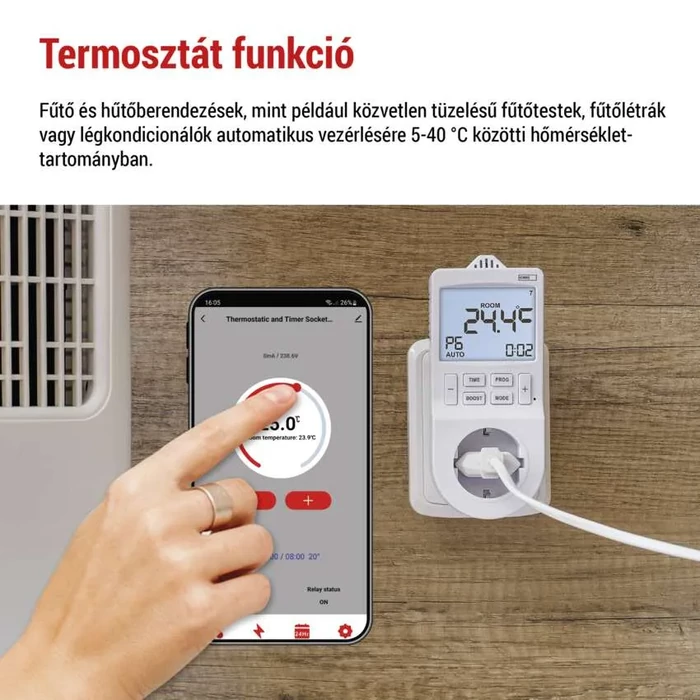 EMOS GoSmart 2 az 1-ben konnektoros, digitális termosztát időzítő funkcióval, schuko, WiFi P56601SH