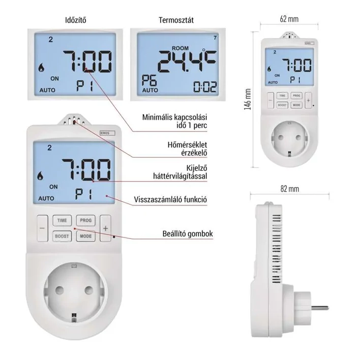 EMOS GoSmart 2 az 1-ben konnektoros, digitális termosztát időzítő funkcióval, schuko, WiFi P56601SH