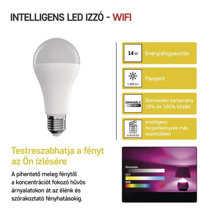 Emos gosmart LED izzó GoSmart A65 E27 14W (94W) 1400 lm RGB dimmelhető WiFi ZQW516R