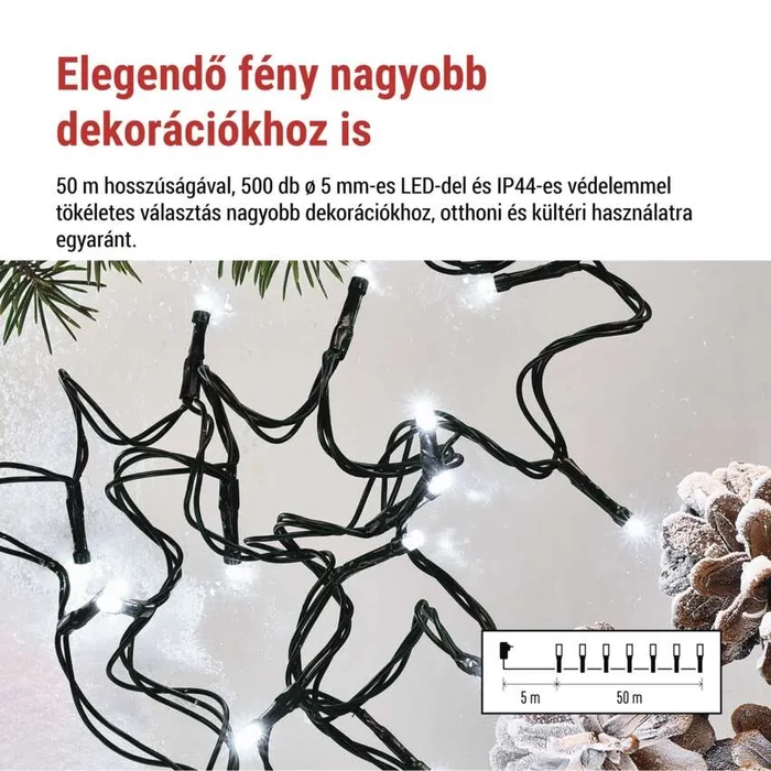 Emos LED karácsonyi fényfüzér, 50 m, kültéri és beltéri, hideg fehér, programozható időzítő D4AC26