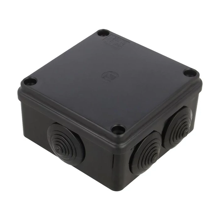 Pawbol falon kívüli kötődoboz gumi bevezetővel 100x100x50 mm műanyag fekete UV-álló IP65 S-BOX 106C