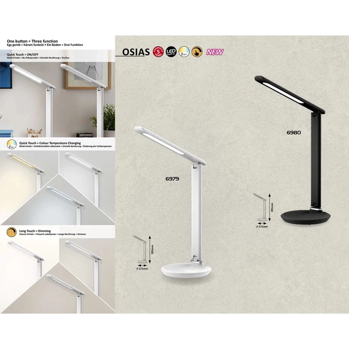Rábalux Osias asztali lámpa LED 9W 440Lm változtatható színhőmérséklet fekete IP20 6980