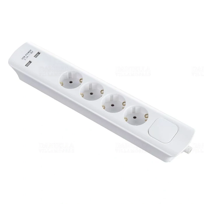 Stilo Hálózati elosztó 4db aljzat 3fm vezetékkel, kapcsolóval,(H05VV-F 3x1,5 mm2) fehér +2db USB port (2,1A 5V) Stilo STI1670
