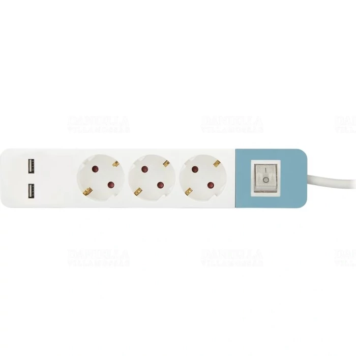 Stilo Hálózati elosztó 3db aljzat 1,5fm vezetékkel, kapcsolóval (H05VV-F 3x1,5 mm2) +2db USB port (2,1A 5V) kék-fehér Stilo STI1627