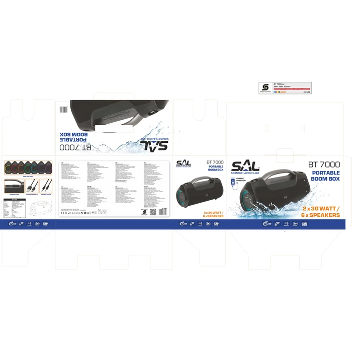 SAL BT 7000 hordozható bluetooth kihangosító, BoomBox 2x30W BT TWS 3.5mm AUX USB EQ LED effektek telefontöltés USB-C és AUX kábel vízálló 