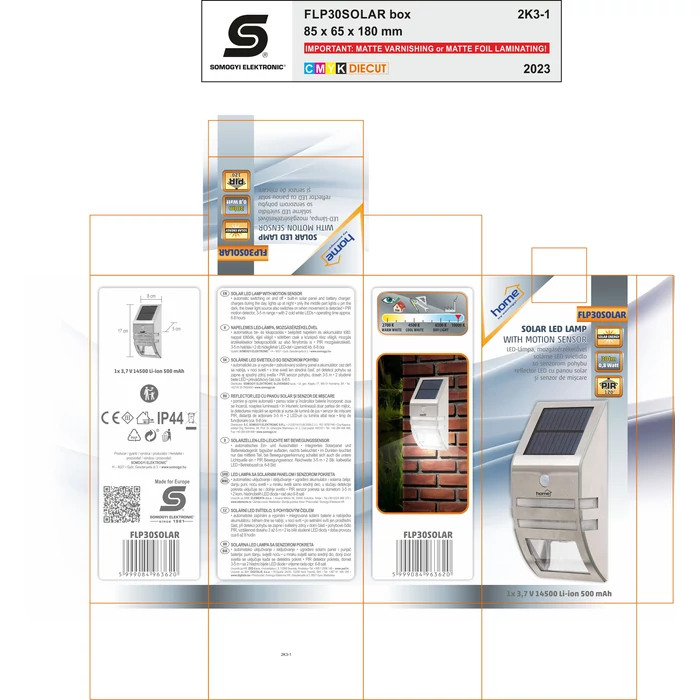 Home FLP30SOLAR napelemes LED lámpa 30 lm PIR mozgásérzékelő 3-5m 2 db hidegfehér SMD LED, energiatakarékos, fém + műanyag, IP44 FLP30SOLAR