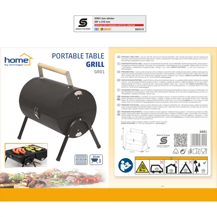 Home GR01 hordozható asztali grill nyitott vagy zárt fedél 22 cm rostélymagasság asztaltól GR01