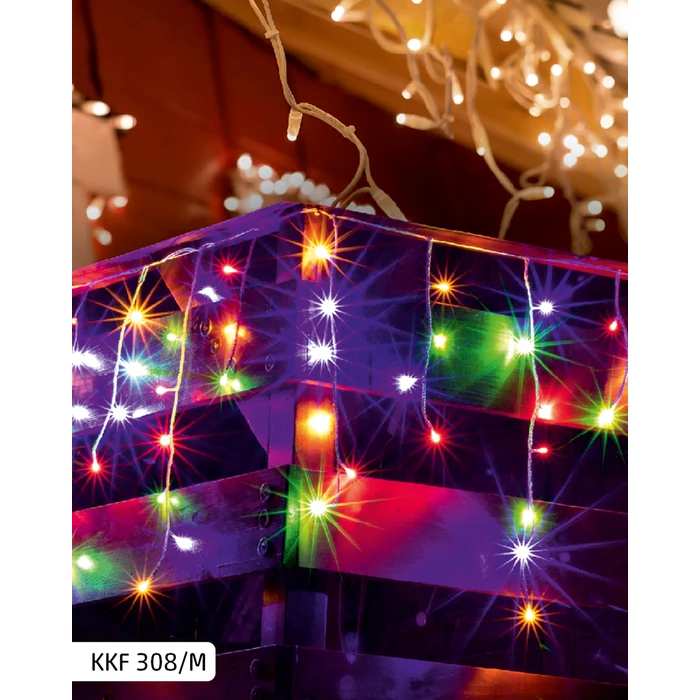 Home KKF 308/M LED-es fényfüggöny, 10 m / 300 db színes LED, 8 fényprogram, fehér vezeték, hálózati adapter, kül- és beltéri kivitel KKF 308/M