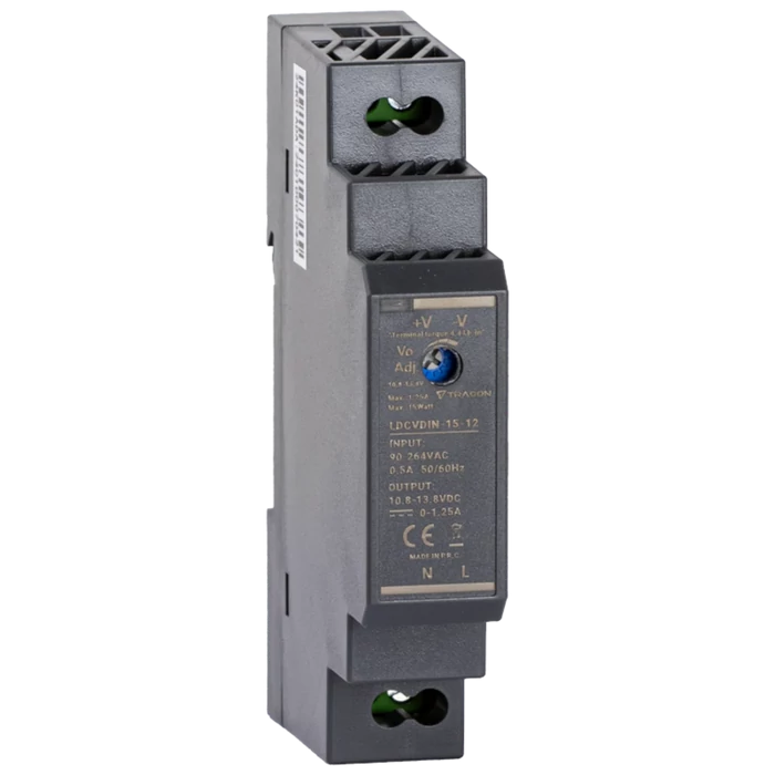 Tracon sínre szerelhető led tápegység szabályozható DC kimenettel 90-2 90-264V 0,5A/DC12V 1,25A 15W LDCVDIN-15-12