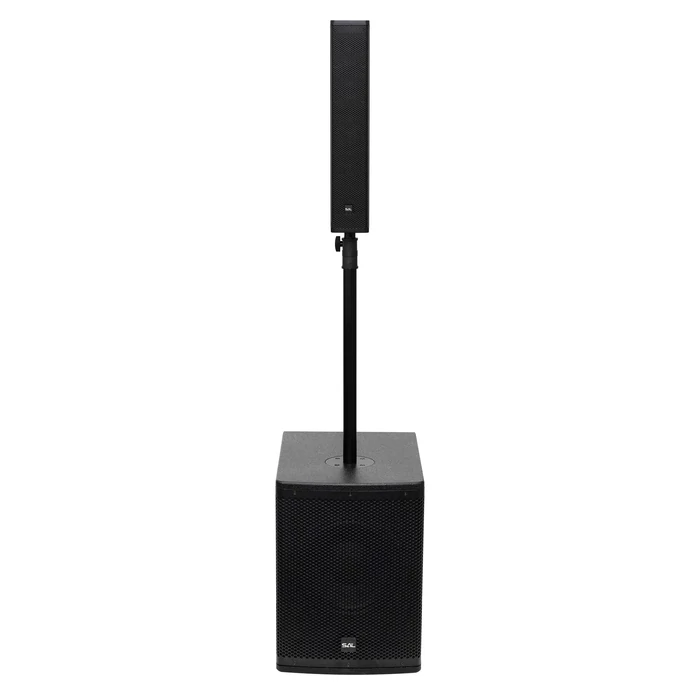 SAL PAS10W43S professzionális oszlopsugárzó hangrendszer, 25cm mélysugárzó, 4x3” szélessávú satellit hangszóró, aktív zenekari hangdoboz, Bluetooth, fém állvány