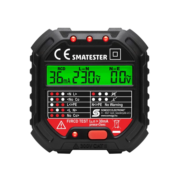 Home SMATESTER konnektor teszter, LED visszajelzők, Voltmérő, L-N, N-E, RCD mA, Fi és RCD relé ellenőrző, elem nélkül működik, max. 250 V~ aljzatokhoz SMATESTER