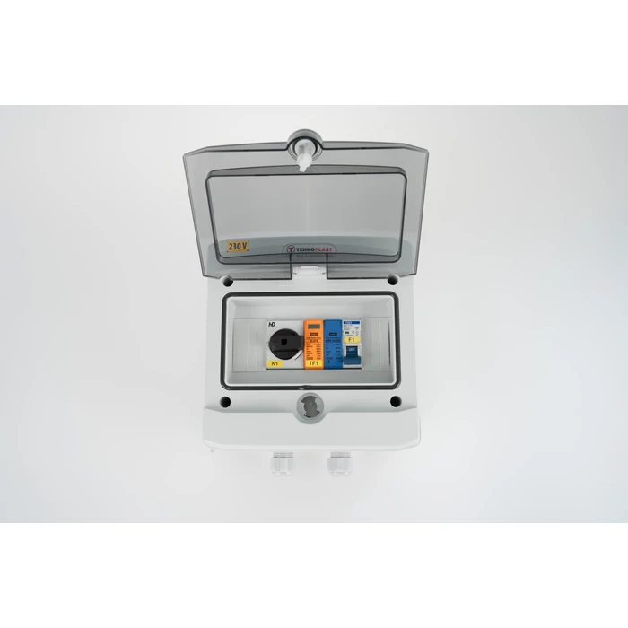 SOLAR doboz AC 1 fázis védelemmel 1500V DC IP65 200x200x120 mm, átlátszó ajtó SD-AC1F-16A-T2T3