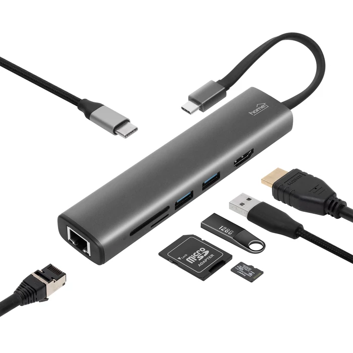 Home USBHUB7 dokkoló állomás, Gigabit RJ45, 4K HDMI HDR, egér, billentyűzet, TF/microSD, SD, 2 TB USB tároló, merevlemez, ~100 W PD, plug & play USBHUB7