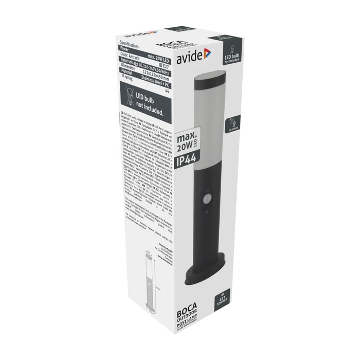 Avide Boca kültéri állólámpa mozgásérzékelővel antracit 1xE27 450 mm IP44 AOLPE27-BOC-S-AN