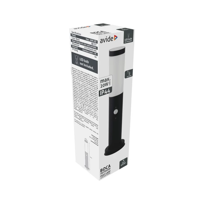 Avide Boca kültéri állólámpa mozgásérzékelővel fekete 1xE27 450 mm IP44 AOLPE27-BOC-S-B