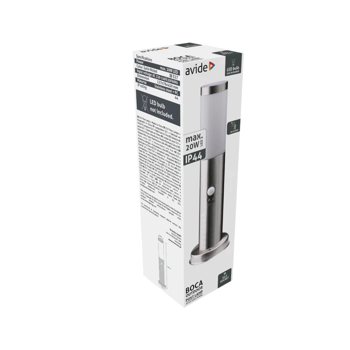 Avide Boca kültéri állólámpa mozgásérzékelővel szatén nikkel 1xE27 450 mm IP44 AOLPE27-BOC-S-SN