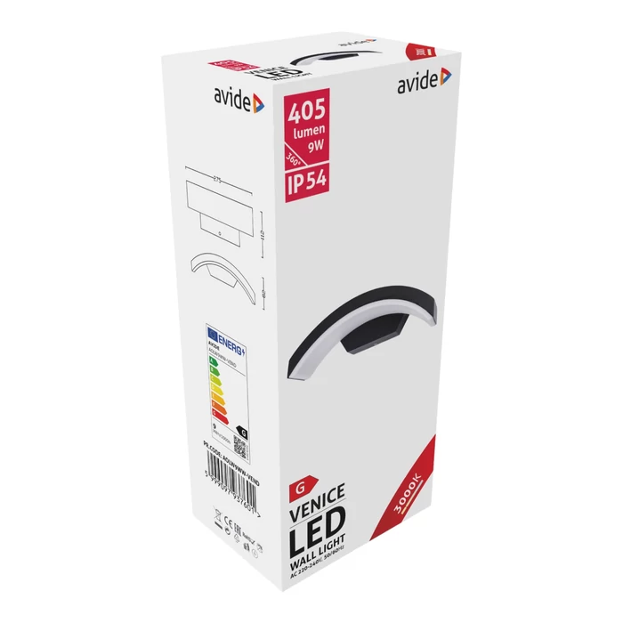 Avide kültéri fali LED lámpa 9W 405lm 3000K fekete felfelé álló IP54 Venice