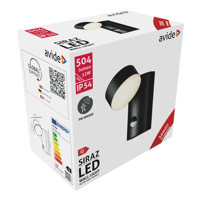 Avide kültéri fali LED lámpa mozgásérzékelővel 12W 504lm 3000K fekete IP54 Siraz