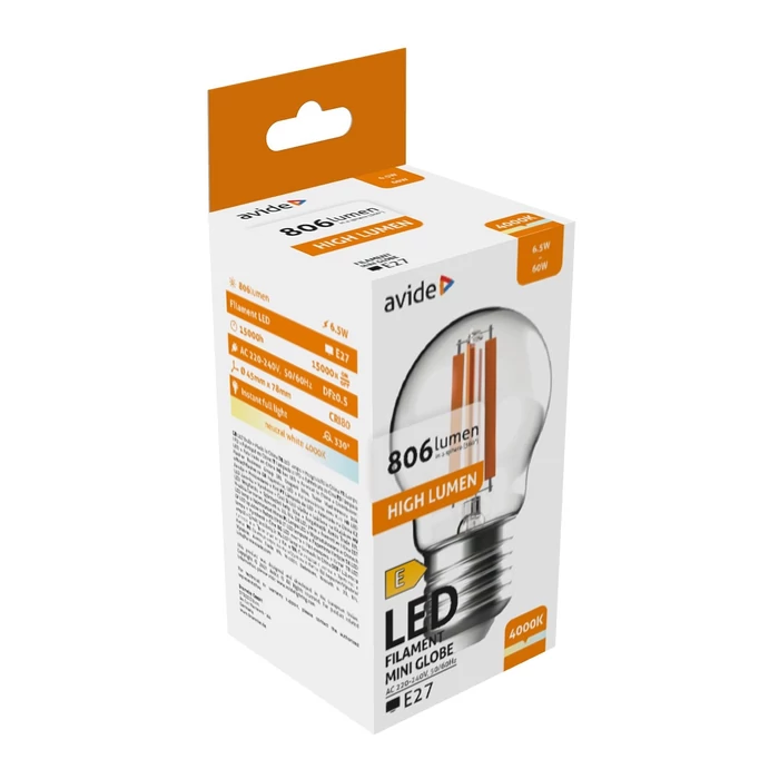 Avide LED izzó filament kisgömb 6,5W 806lm 4000K G45 ABLFMG27NW-HL-6.5W