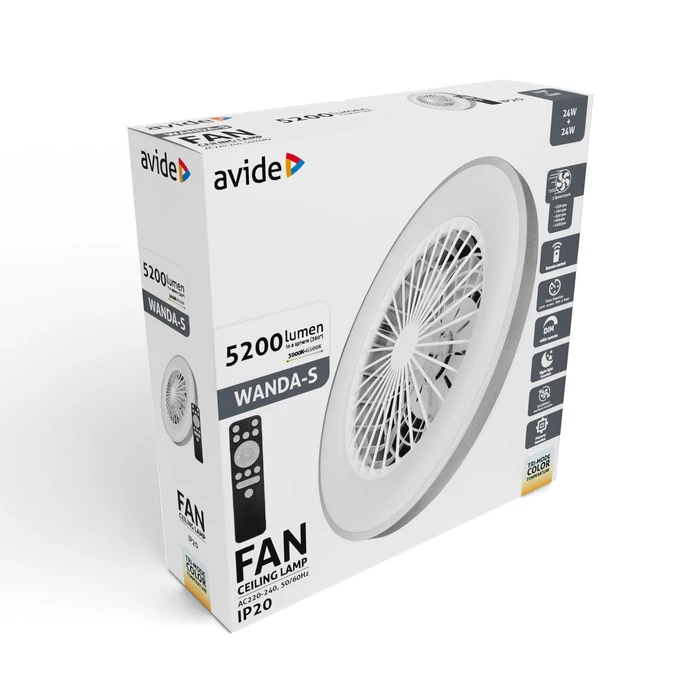Avide LED mennyezeti lámpa és ventilátor 2x24W fehér Wanda AFCLCCT-48W-15W-WAS