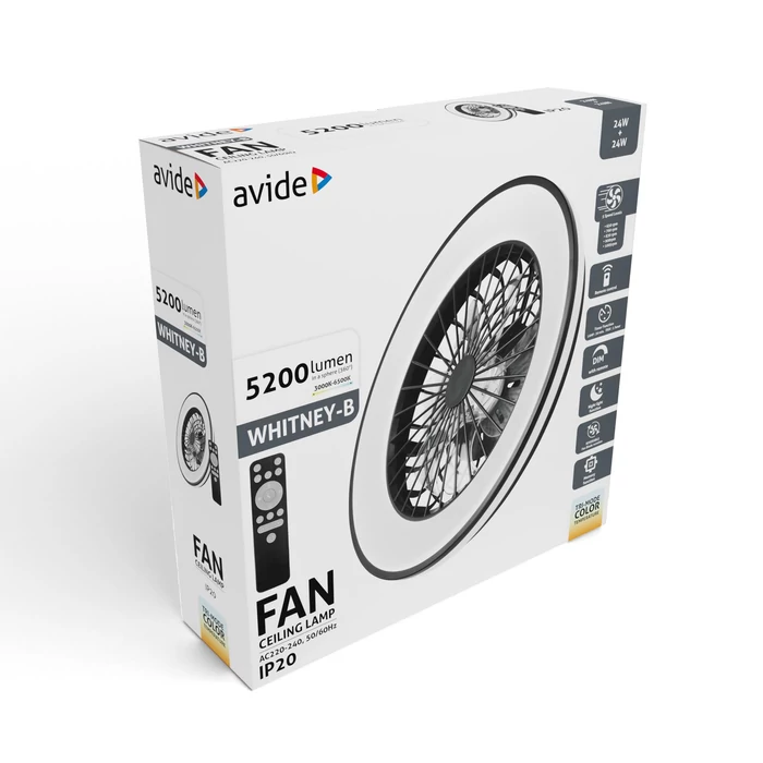 Avide LED mennyezeti lámpa és ventilátor 2x24W fekete Whitney AFCLCCT-48W-15W-WHB