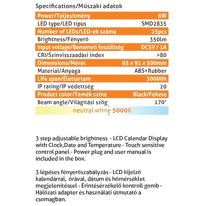 Avide Luna LED asztali lámpa üzleti bőrhatású fekete 6W 350Lm 5000K ABLDL-BLC-6W-BL