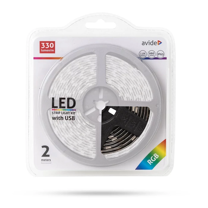 Avide RGB LED szalag szett 5V 7,2W/m 30LED/m USB csatlakozó 2m IP65 ABLSBL5V5050-30RGB65