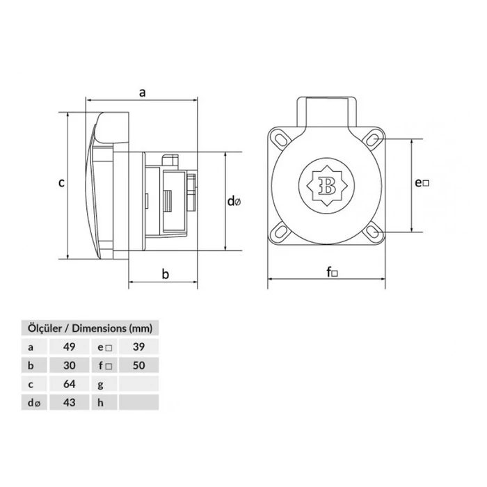 Bemis ipari beépíthető dugalj 2P+F 16A 230V IP44 BY8-1402-2700