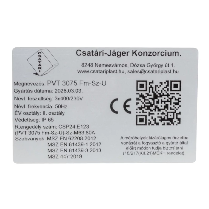 Csatári Plast PVT 3075 Fm-SZ ÁK 12-U 1/3 fázisú villanyóra szekrény 80A 12 modul szabadvezetékes CSP24.E123ÁK