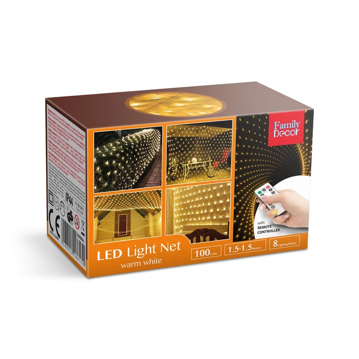 Dekorációs LED fényháló 190 db melegfehér LED 3x2 m 230V távirányítós 58909A