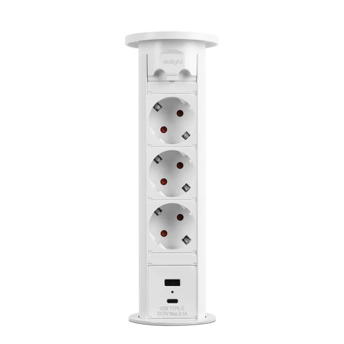 Delight 3-as rejtett elosztó motoros USB aljzattal fehér 20451W
