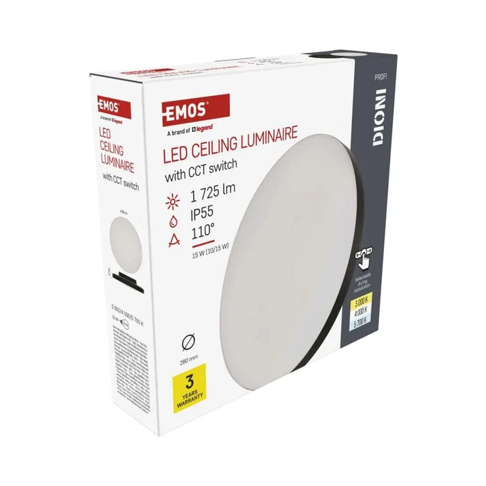 Emos DIONI LED mennyezeti lámpa 15W 1725 lm CCT kerek fekete IP55 ZM7153