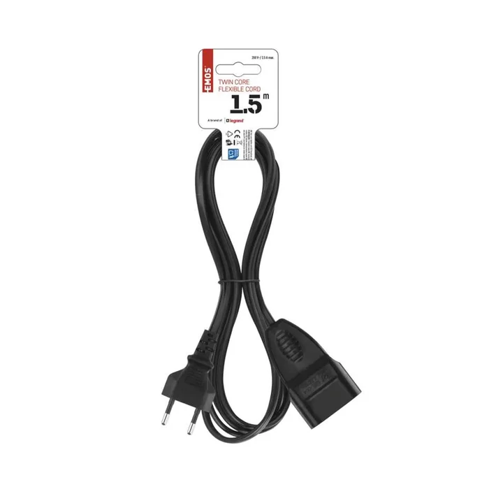 Emos Euro lengő hosszabbító kábel 1,5 m fekete PVC 2x0,75 mm2 PC01301