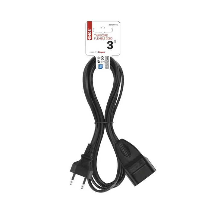 Emos Euro lengő hosszabbító kábel 3 m fekete PVC 2x0,75 mm2 PC01303