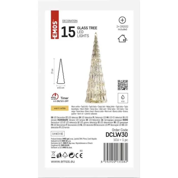 Emos karácsonyi LED-es üveg karácsonyfa elemes beltéri 27 cm DCLW30