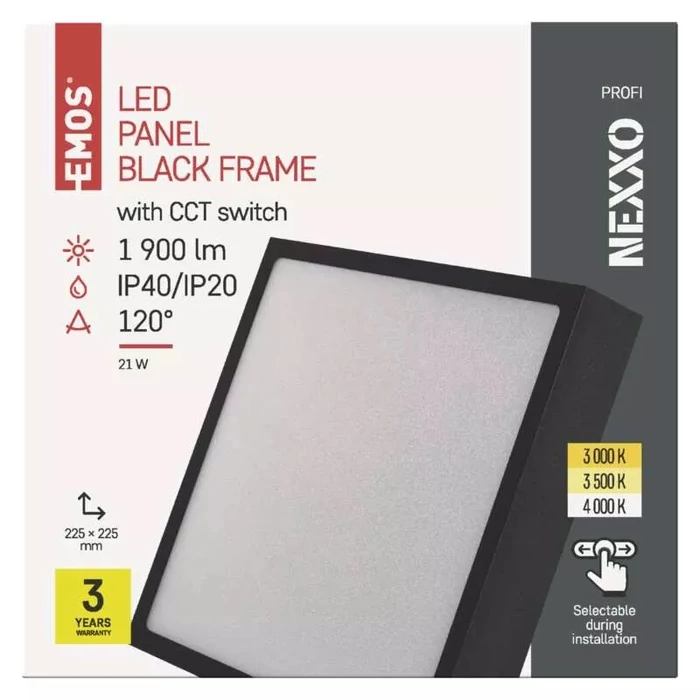 Emos LED 21W 1900Lm mennyezeti lámpatest LED panel NEXXO négyzet fekete CCT IP20/IP40 ZM6343