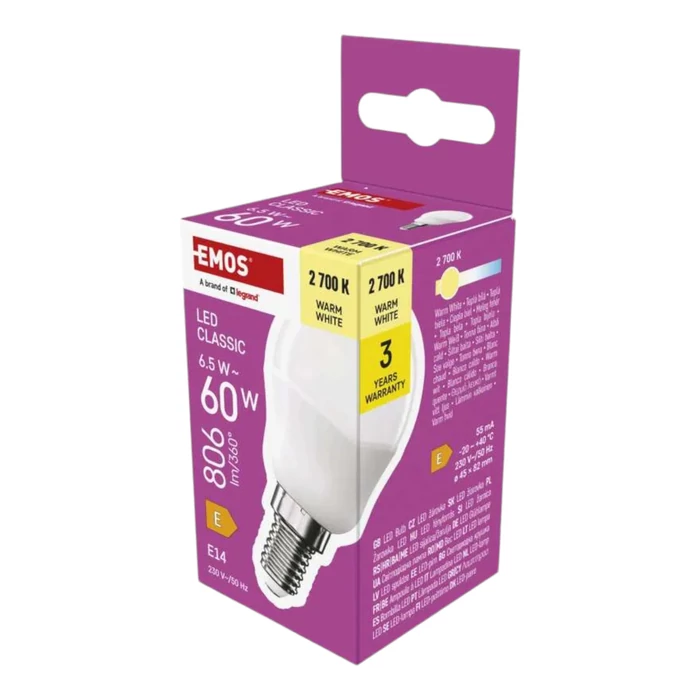 Emos LED izzó classic kisgömb E14 6,5W 806lm 2700K ZQ1E41