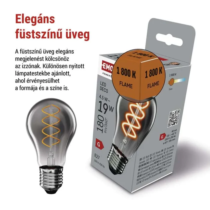 Emos filament LED izzó E27 4,5W 180lm 1800K A60 füst hatású búra Z55311