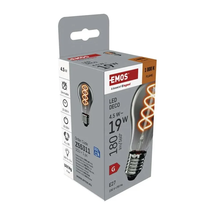 Emos filament LED izzó E27 4,5W 180lm 1800K A60 füst hatású búra Z55311
