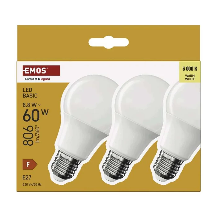 Emos LED izzó E27 8,8W 806lm 3000K A60 Basic 3db/csomag ZL5F47.3