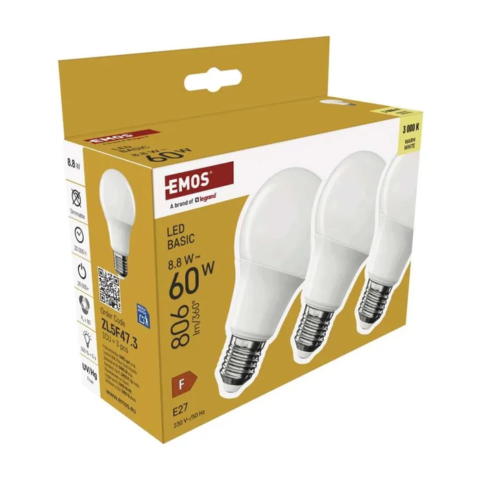 Emos LED izzó E27 8,8W 806lm 3000K A60 Basic 3db/csomag ZL5F47.3