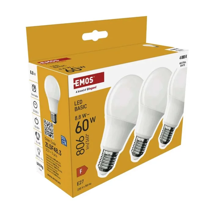 Emos LED izzó E27 8,8W 806lm 4000K A60 Basic 3db/csomag ZL5F48.3