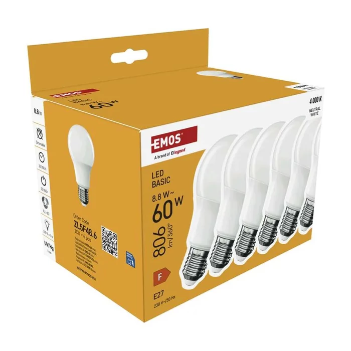Emos LED izzó E27 8,8W 806lm 4000K A60 Basic 6db/csomag ZL5F48.6