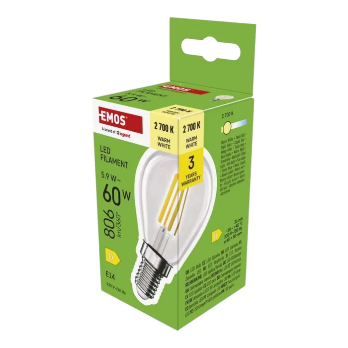 Emos LED izzó filament kisgömb E14 5,9W 806lm 2700K ZF1D42