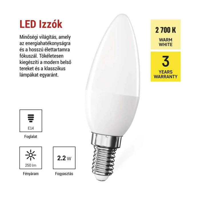 Emos LED izzó gyertya E14 2,2W 250lm 2700K C37 Classic ZQ3E01