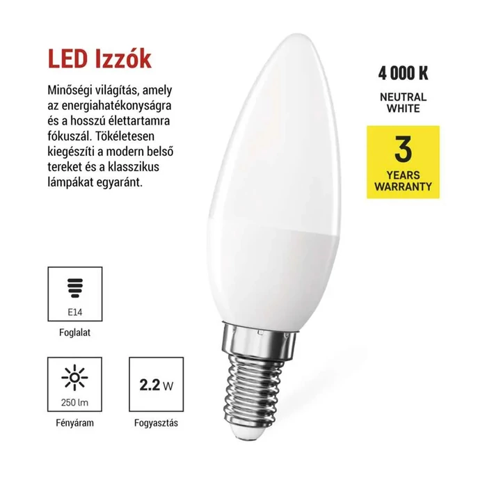 Emos LED izzó gyertya E14 2,2W 250lm 4000K C37 Classic ZQ3E03