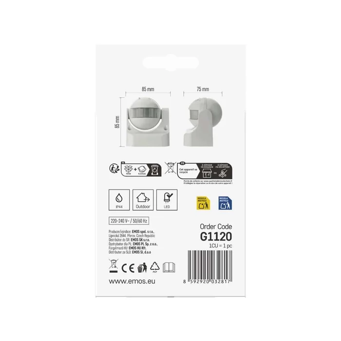 Emos mozgásérzékelő 180° 12m fehér (PIR) IP44 G1120