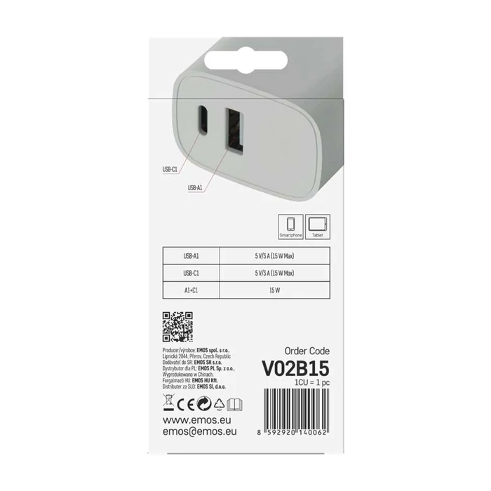 Emos univerzális USB töltő 15W (USB-C, USB-A) fehér BASIC V02B15