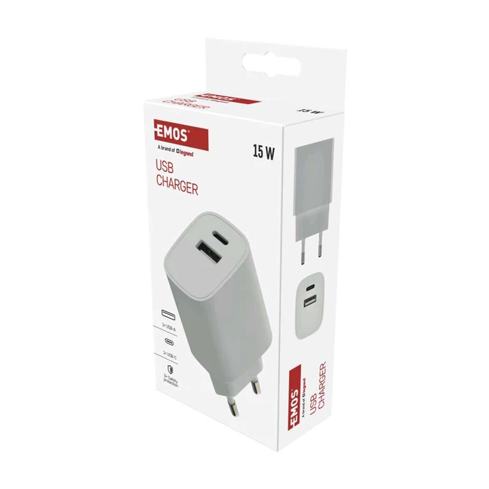 Emos univerzális USB töltő 15W (USB-C, USB-A) fehér BASIC V02B15